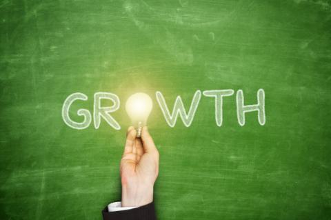 The word growth with a lightbulb used as the letter "o"
