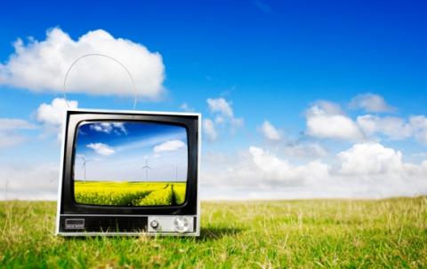 TV in a field with green grass and bright sky