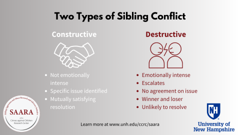 Text reads: "Two types of sibling conflict: constructive and destructive" and describes each. Constructive = not emotionally intense, specific issue identified, mutually satisfying resolution. Destructive = emotionally intense, escalates, no agreement on issue, winner and loser, unlikely to resolve.