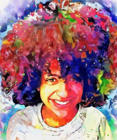 Watercolor painting of Aulbani J. Beauregard, student with curly brown hair worn loosely wearing a white t-shirt and grinning at the camera