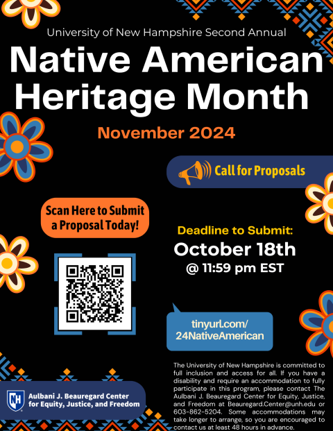 Native American Heritage Month Call for Proposals Poster image. Deadline to submit is October 18th @11:59pm. Call for proposals, submit a proposal today! Website link: tinyurl.com/24NativeAmerican, Black design with orange and blue flower designs