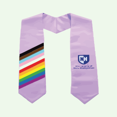 Lavender stole with progress flag stripes on left and UNH logo on right