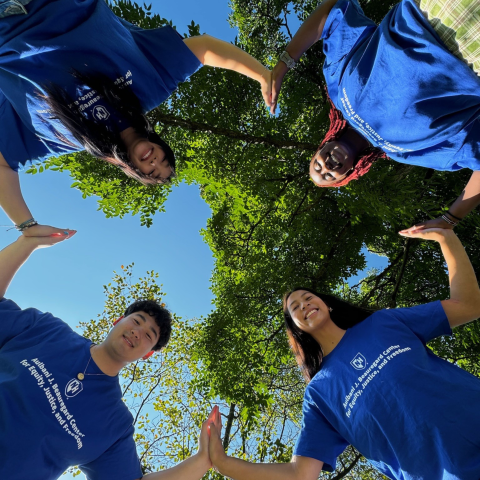 Four CONNECT mentors wearing blue t shirts touching hands in a circle looking down at the camera