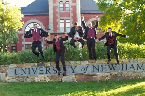 Groom and groomsmen on UNH Campus