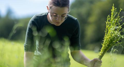 UNH student working outside on farm in field