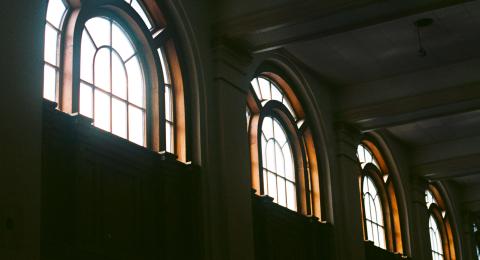 Interior view of Huddleston Hall arched windows