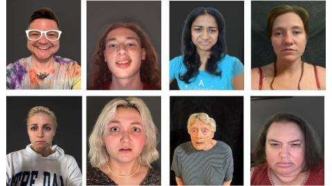Eight different models pose with different facial expressions of emotion. They are each wearing different colors of clothing, have a variety of hairstyles, piercings, and are different ages. 