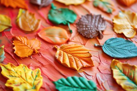 Clay painted leaves on table.