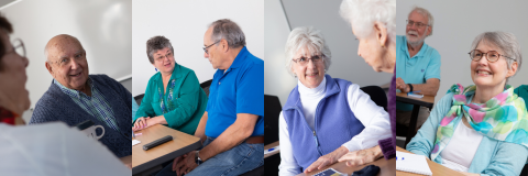 Photos of various members talking to each other in OLLI classroom settings