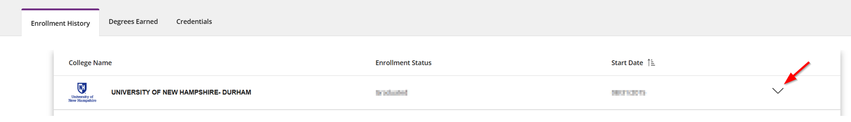 Screen shot of Enrollment History tab with arrow showing how to expand the selection menu to choose enrollment period