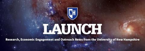 On a backdrop of outer space, text says "Launch: Research, Economic Engagement and Outreach News from the University of New Hampshire"