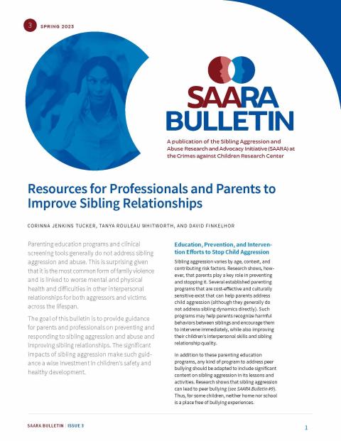 First page of SAARA Bulletin #3, "Resources for Professionals and Parents to Improve Sibling Relationships"