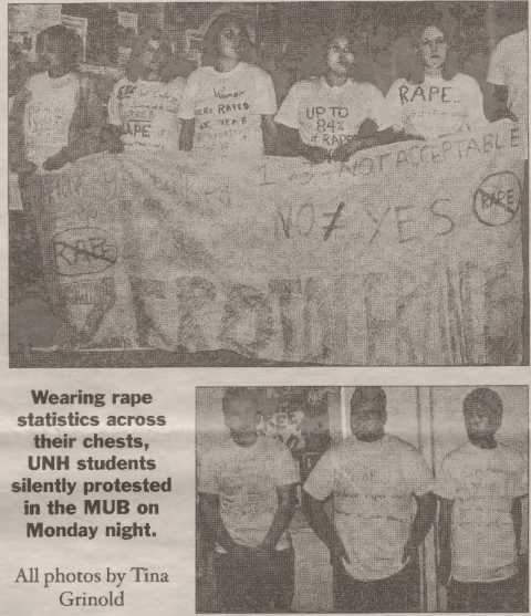 black and white photo of a group of students holding a banner and wearing t-shirts with sexual violence statistics and spreading awareness about sexual violence