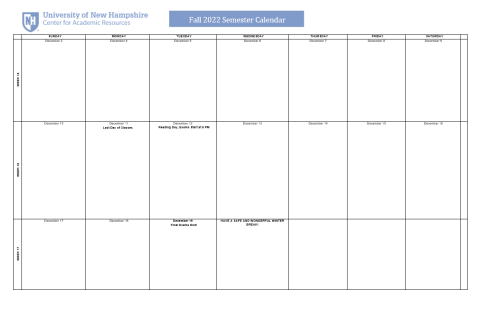 Picture of fillable calendar for last three weeks of Fall 2023 term 