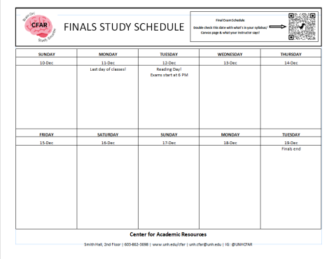 Picture of calendar for the two weeks that include Fall 2023 finals 