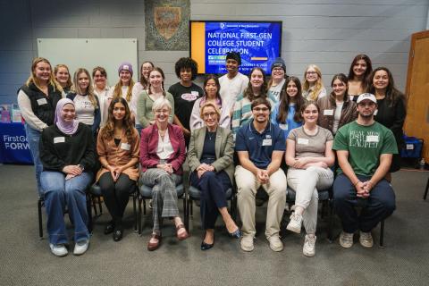 Group of first-gen students with President Chilton and Senator Hassan