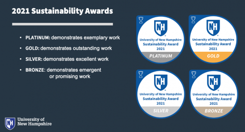 UNH sustainability award badges for platinum, gold, silver, bronze