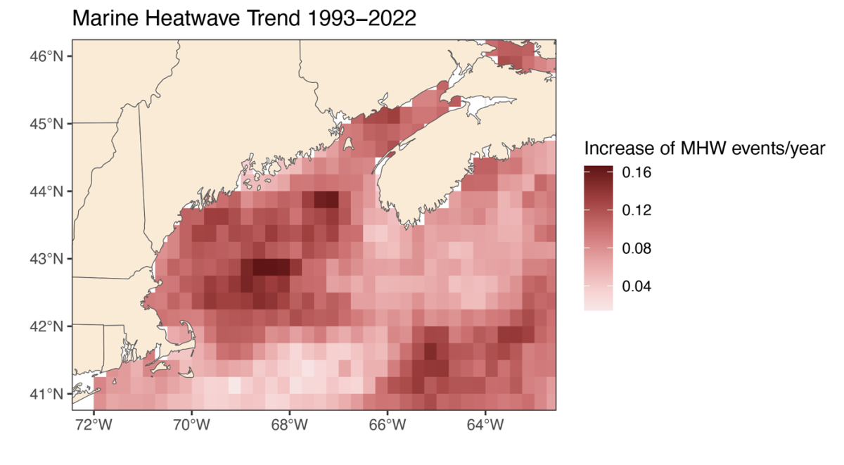 A map of the gulf of maine overlaid with information showing the number of marine heatwaves per year that have occurred from 1993-2022.