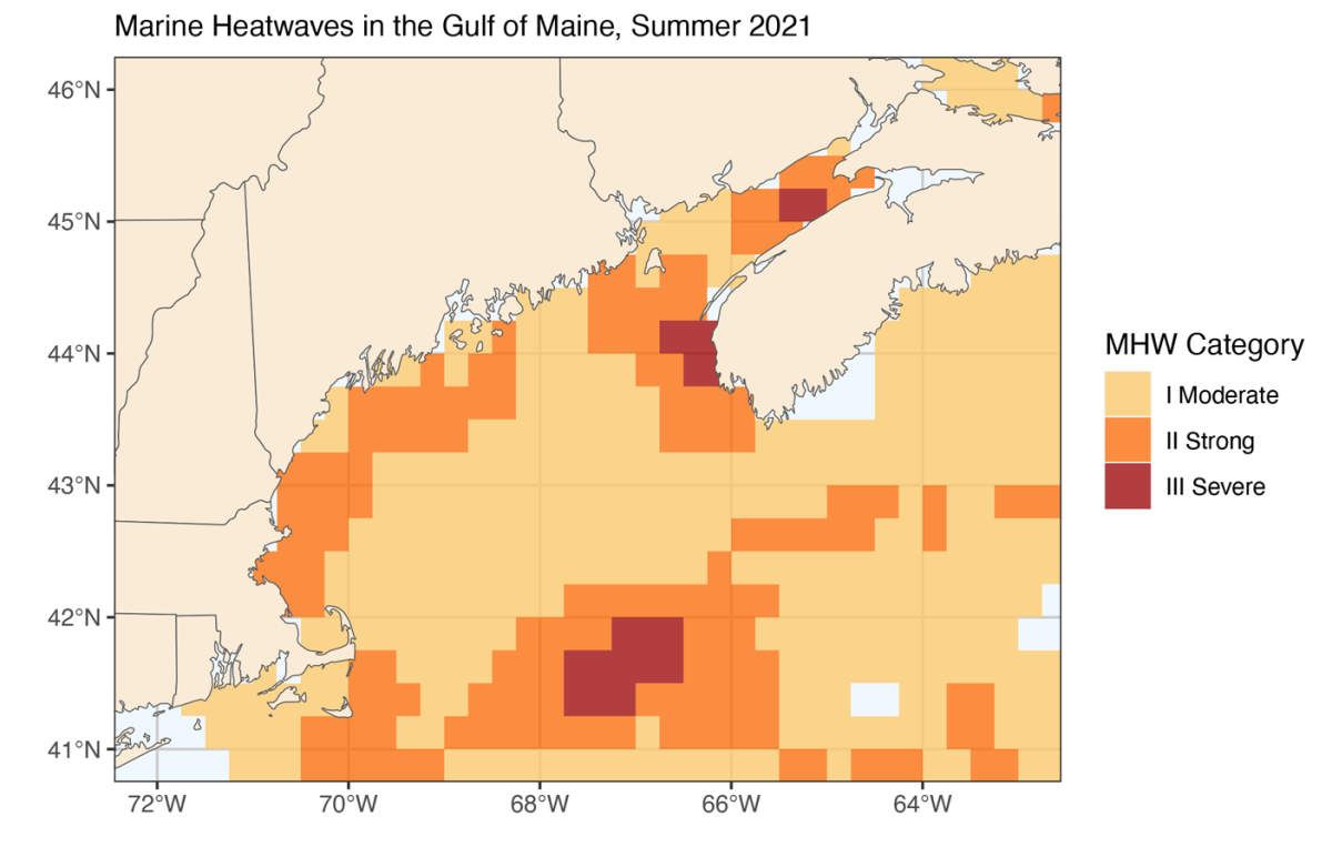 A map of the gulf of maine showing marine heatwaves for the summer of 2021.