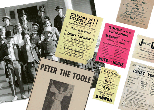 a collage of items from different UNH Mayoralty campaigns including a photo of candidates and managers from 1930, some flyers and an ad for Peter the Toole