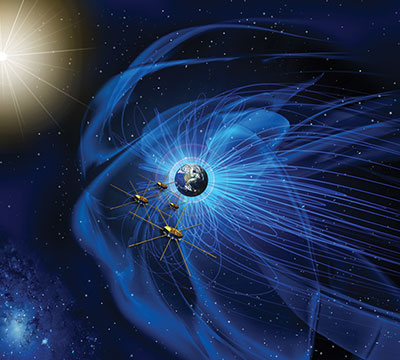 illustration of satellites flying through magnetic fields