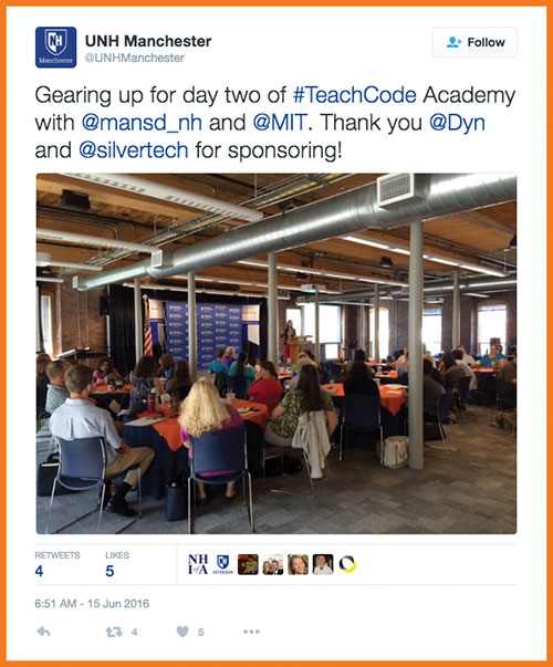 Tweet about TeachCode Academy at UNH's Manchester Campus