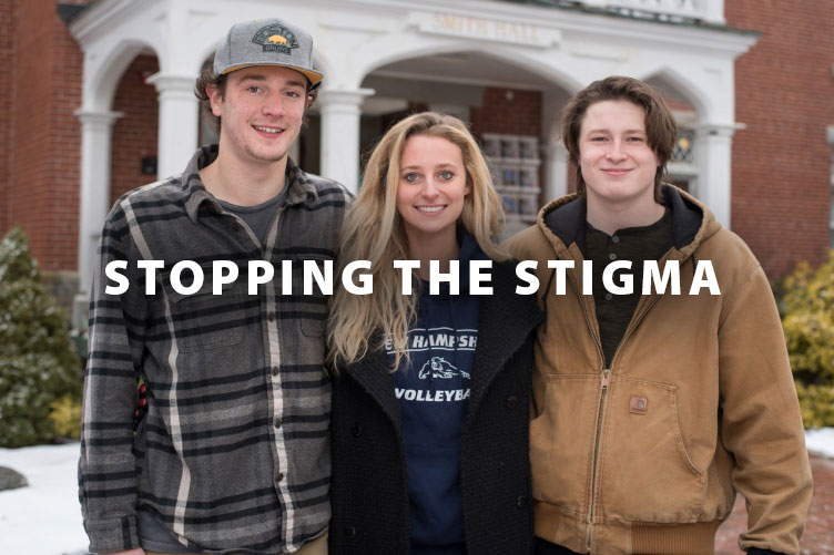 Kirstin Pesaresi (center), president of Stop the Stigma (STS), joins her fellow STS student leaders Jordan Leikin (right) and Tyler Thompson outside Smith Hall, home of the UNH Counseling Center.