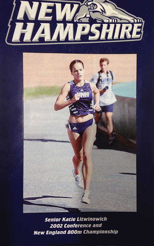 an old poster featuring UNH alumna Katie Litwinowich Meinelt ’03, ’04G running at UNH