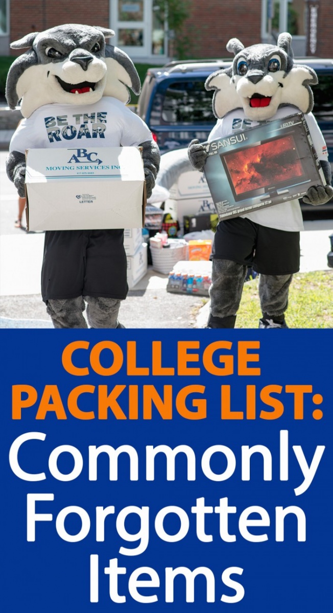 College Packing List: Commonly Forgotten Items graphic with Gnarlz and Wild E. Cat carrying boxes during UNH's move-in day