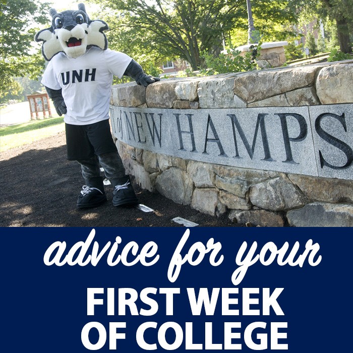 Advice for your first week of college graphic with Wild E. Cat standing by the wall in front of Thompson Hall