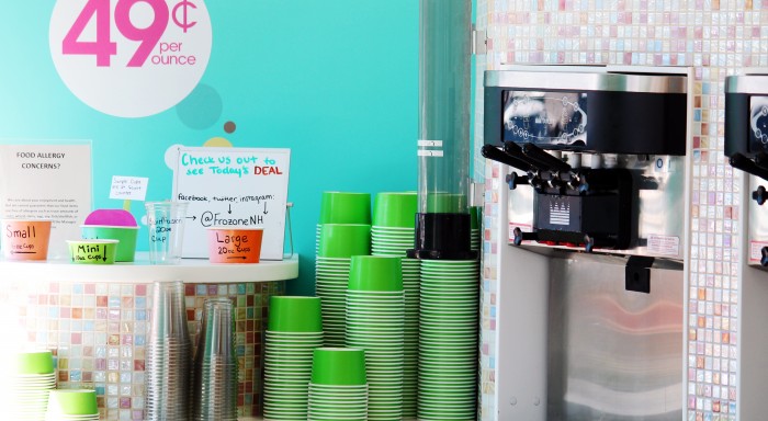 cups and frozen yogurt dispensers at FroZone in Durham, NH