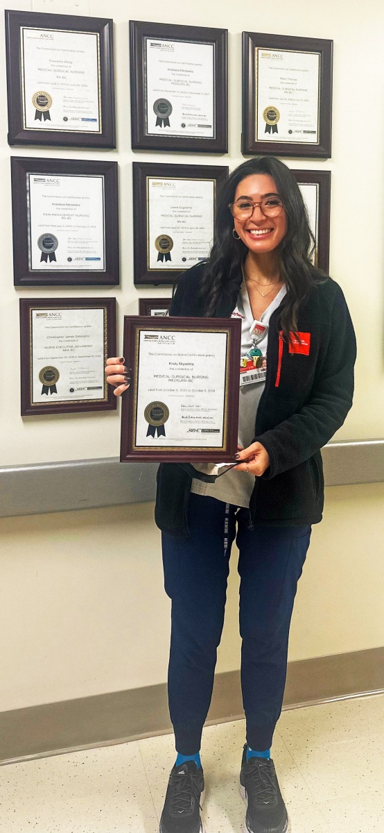 Kristy Miyashita receiving her certification in Medical-Surgical Nursing