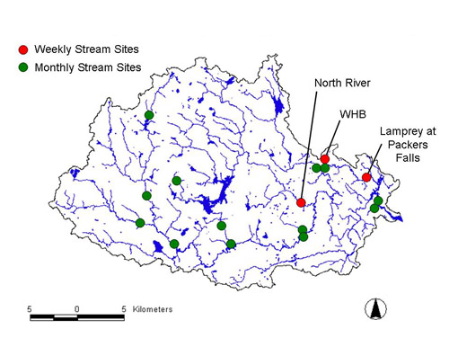 A map showing sampling sites of the LRHO in the Lamprey River watershed