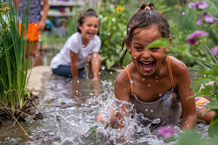 Two children splash in a flooded garden