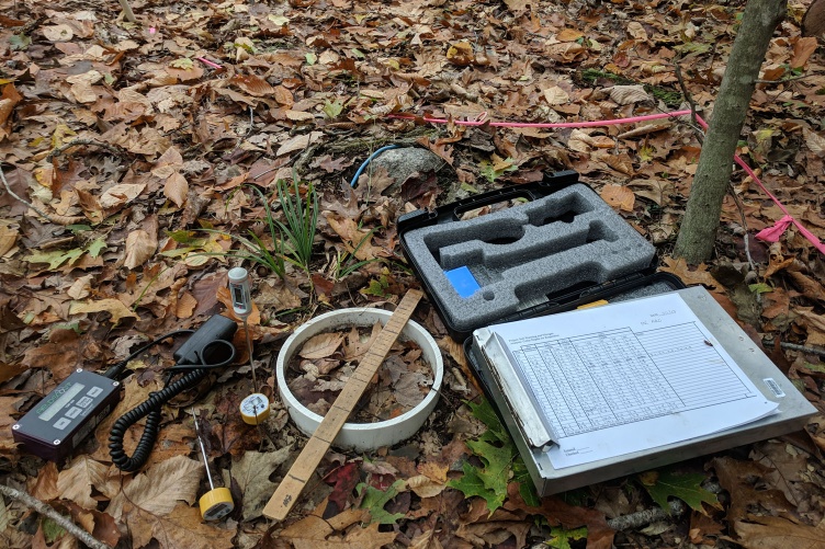 An image of field instruments laying on the ground above leaf litter.