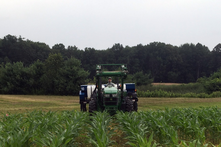 A photo of the Penn State “Interseeder” adding cover crops between growing rows of corn.