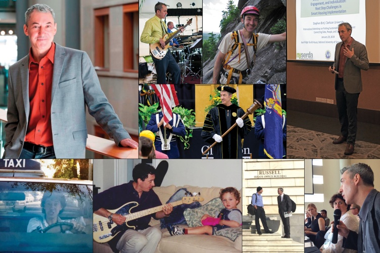 collage of stephen bird showing him as musician, taxi driver, father, and lecturer