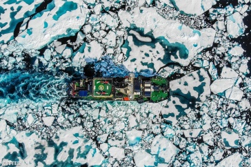 Drone shot of icebreaker in a sea of ice