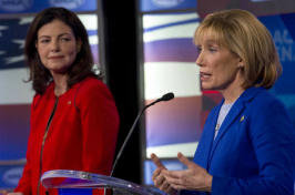 Maggie Hassan (r.) the governor of New Hampshire and Democratic candidate for US Senate, debates incumbent Sen. Kelly Ayotte (R) on Nov. 2 in Manchester, N.H. The race is among the toss-ups pollsters are watching to see if Democrats will seize control of the Senate. (credit: Jim Cole/AP)