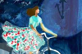 illustration of a woman riding a bicycle in front of a large clock