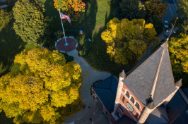 An autumn aerial view of UNH's Thompson Hall 