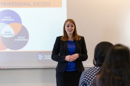 Melissa Lyon, director of CaPS at UNH Manchester, presents the Wildcat Way to Professional Success 