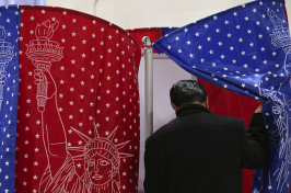 Man enters red and blue voting booth.