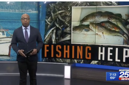 newscaster in front of photo of fish that says fishing help