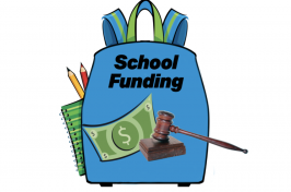 A backpack and the school funding logo on it