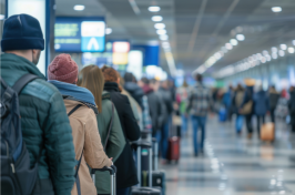 Stock photo of travelers in long lines at the airport.