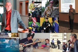 collage of stephen bird showing him as musician, taxi driver, father, and lecturer