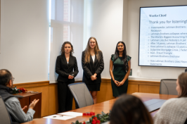 Portsmouth High School students Rena Eberhardt, Sophia Berling, and Isha Shah present during the fraud exploration challenge at the “Is Accounting for Me?” held at Paul College in December.