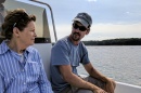 Senator Jeanne Shaheen speaking with Jay Baker, owner of Fat Dog Oysters about his underwater oyster farm in Little Bay