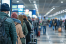 Stock photo of travelers in long lines at the airport.